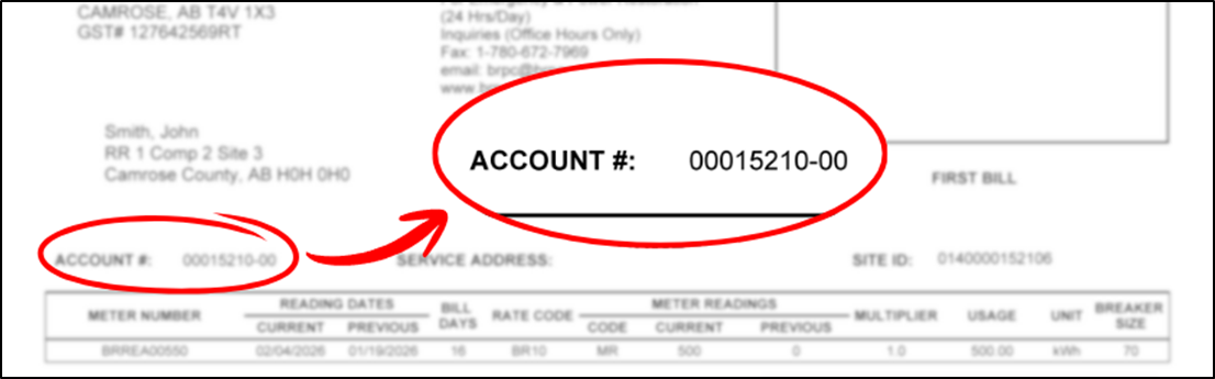 Account Number location on BRPC power invoice