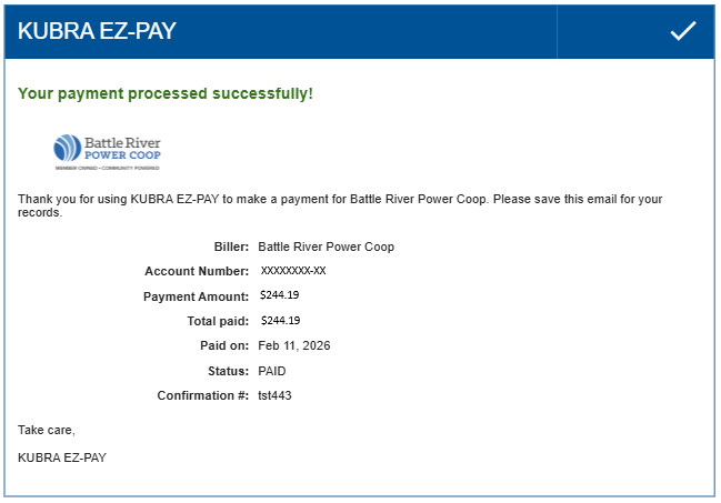 KUBRA Email Receipt Screen