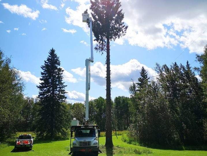 power line technician and lift truck
